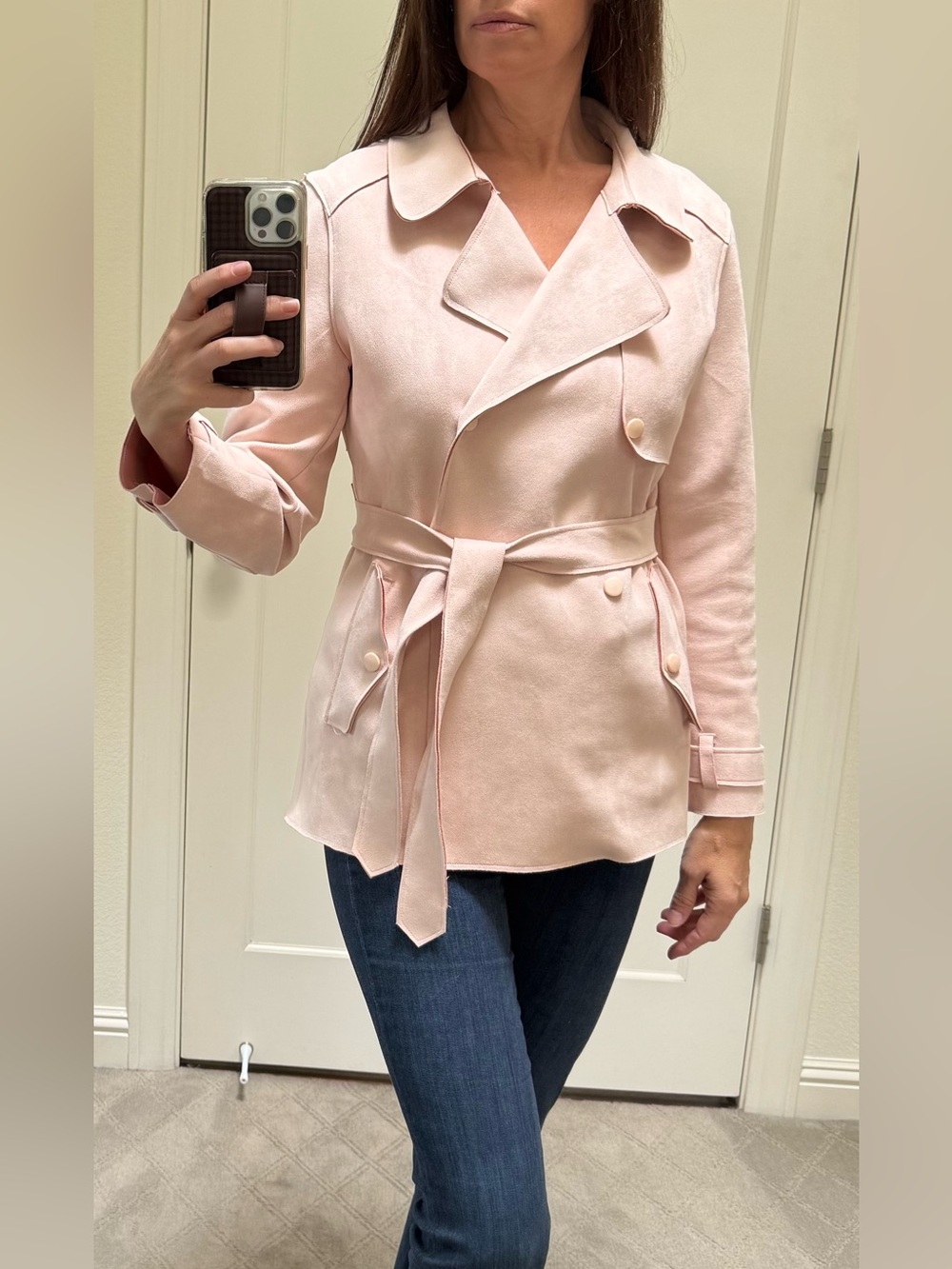 BLVD Light Pink Double-Breasted Belted Trench Coat faux suede